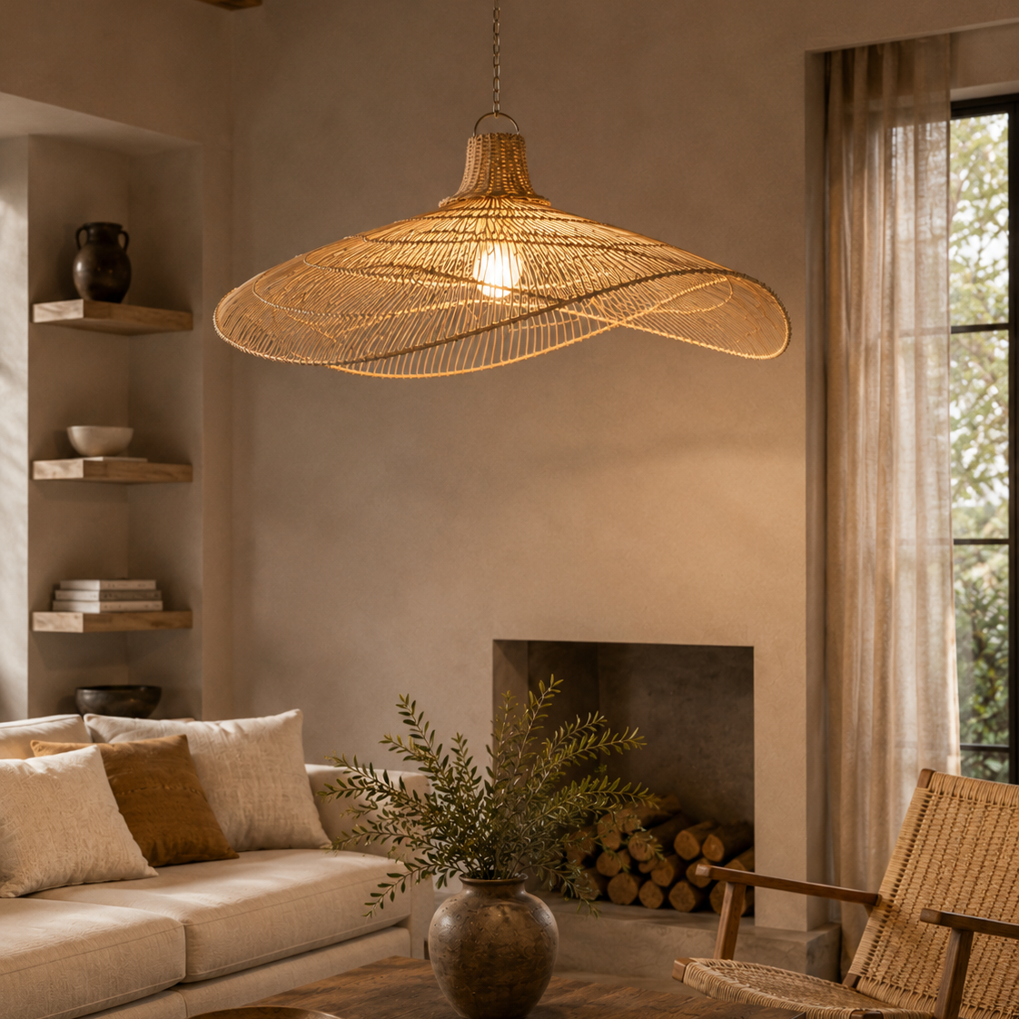 A large woven wicker pendant light with a wavy, organic silhouette hangs in a rustic, warm-toned living room with a fireplace, wooden ceiling beams, and a wicker chair.