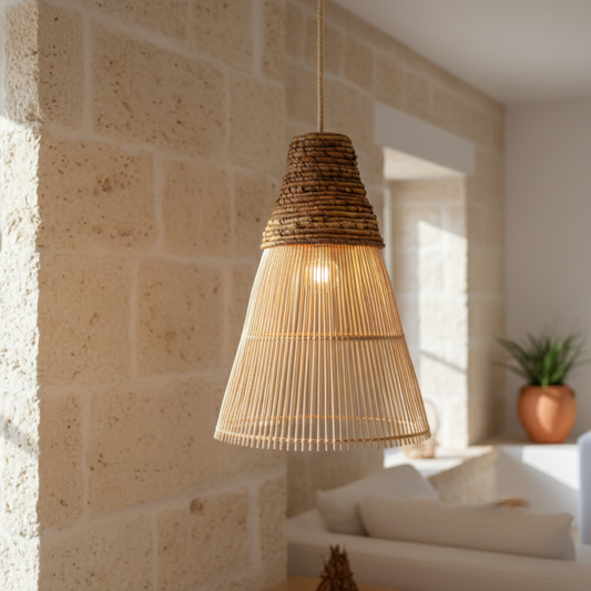 Woven pendant light hanging against a stone wall with a cozy interior setting.