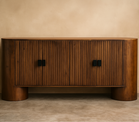 Wooden sideboard with a minimalist design against a beige wall.