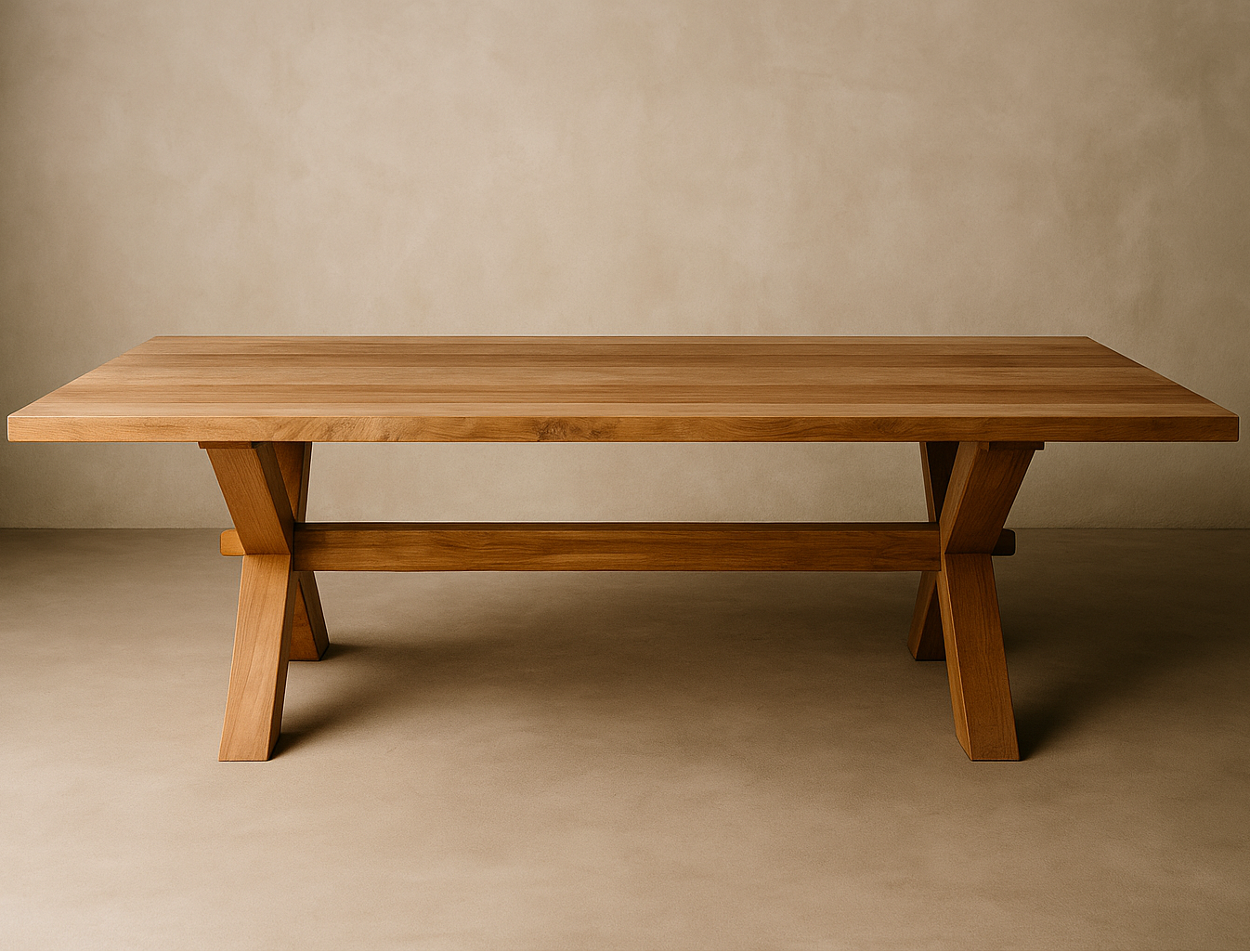 Wooden table against a beige wall