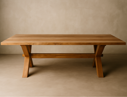 Wooden table against a beige wall
