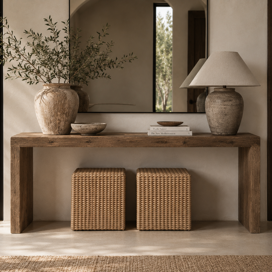 A rustic wooden console table in a warm, neutral-toned entryway, styled with a large textured ceramic vase, a table lamp, books, and two woven storage ottomans underneath.