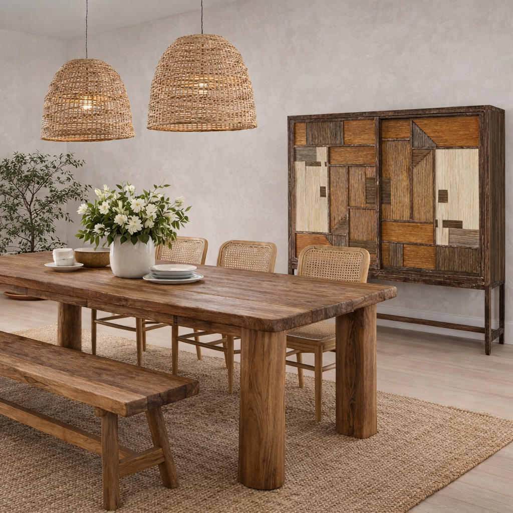 Makoa Solid Teakwood Cabinet with Hand-Woven Rattan Doors