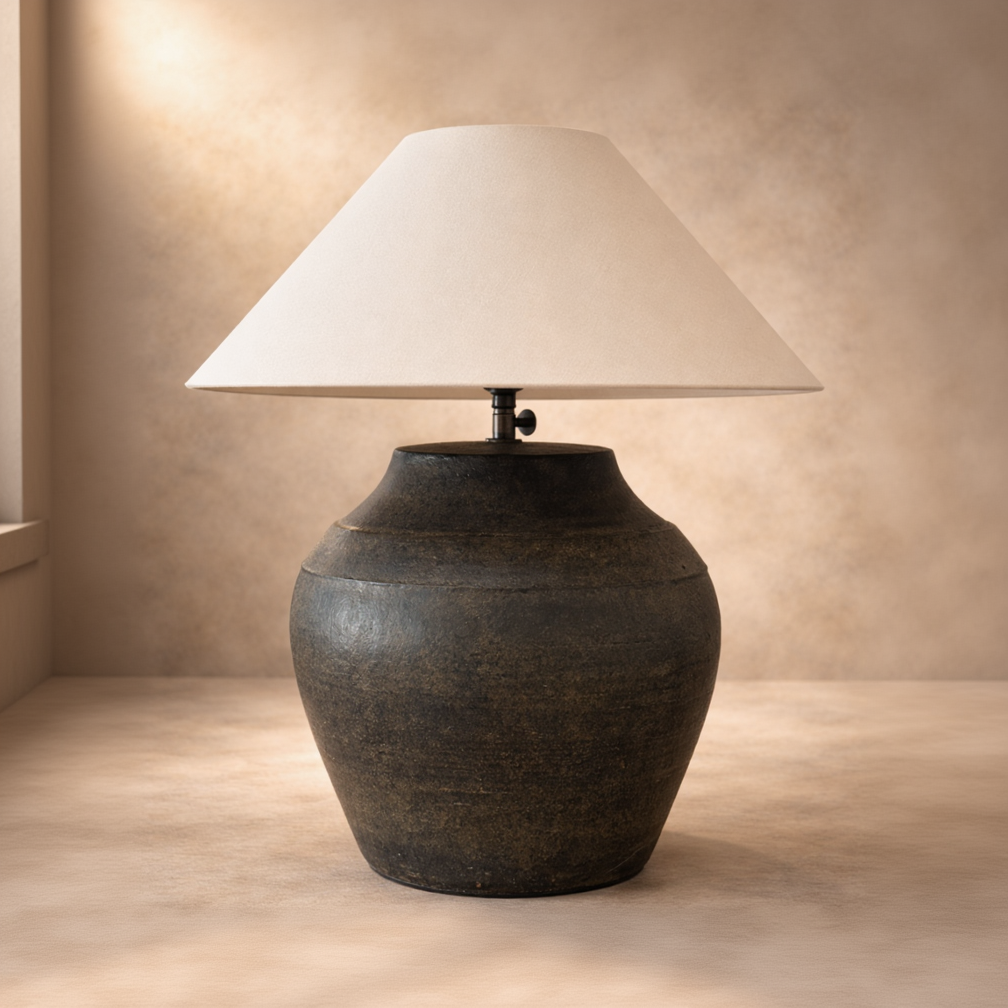 Table lamp with a dark brown base and white shade on a wooden surface.