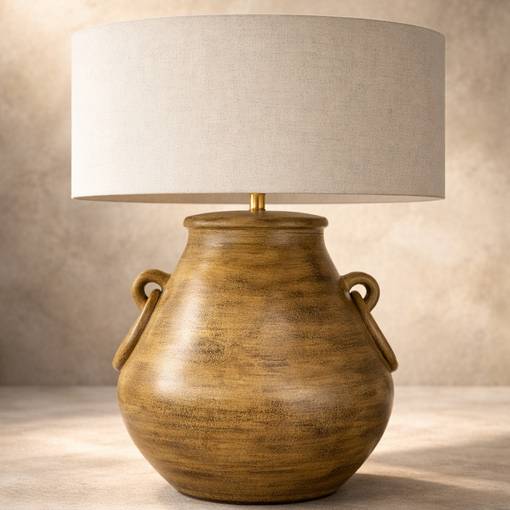 Table lamp with a textured brown base and white shade on a neutral background