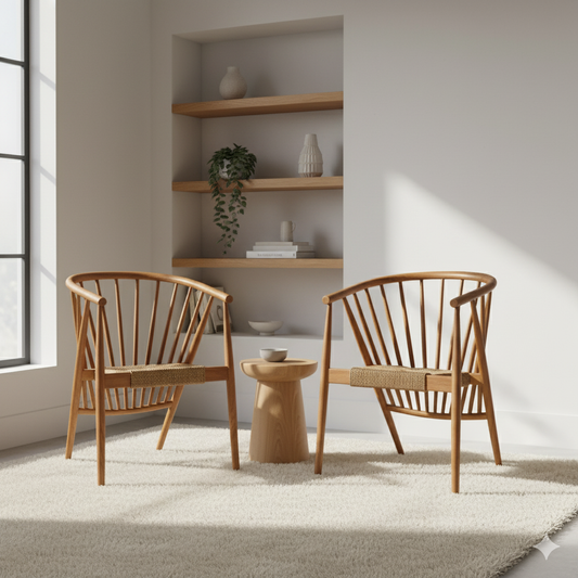 Two wooden chairs with a small round table in a bright room with shelves and plants.