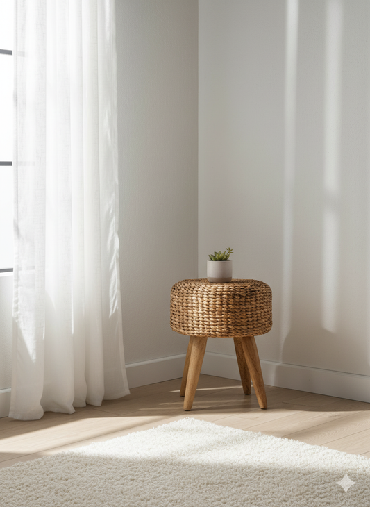 Wicker side table with a plant in a room with white curtains and light-colored floor.