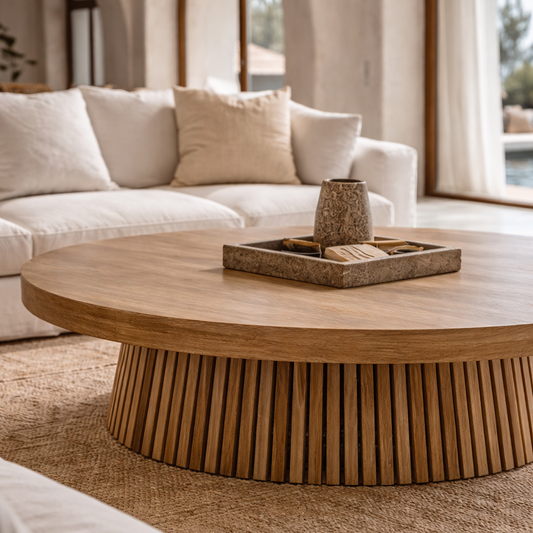 Round wooden coffee table in a living room with a white sofa and decorative items.