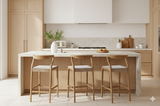 Modern kitchen with wooden stools at a island counter.