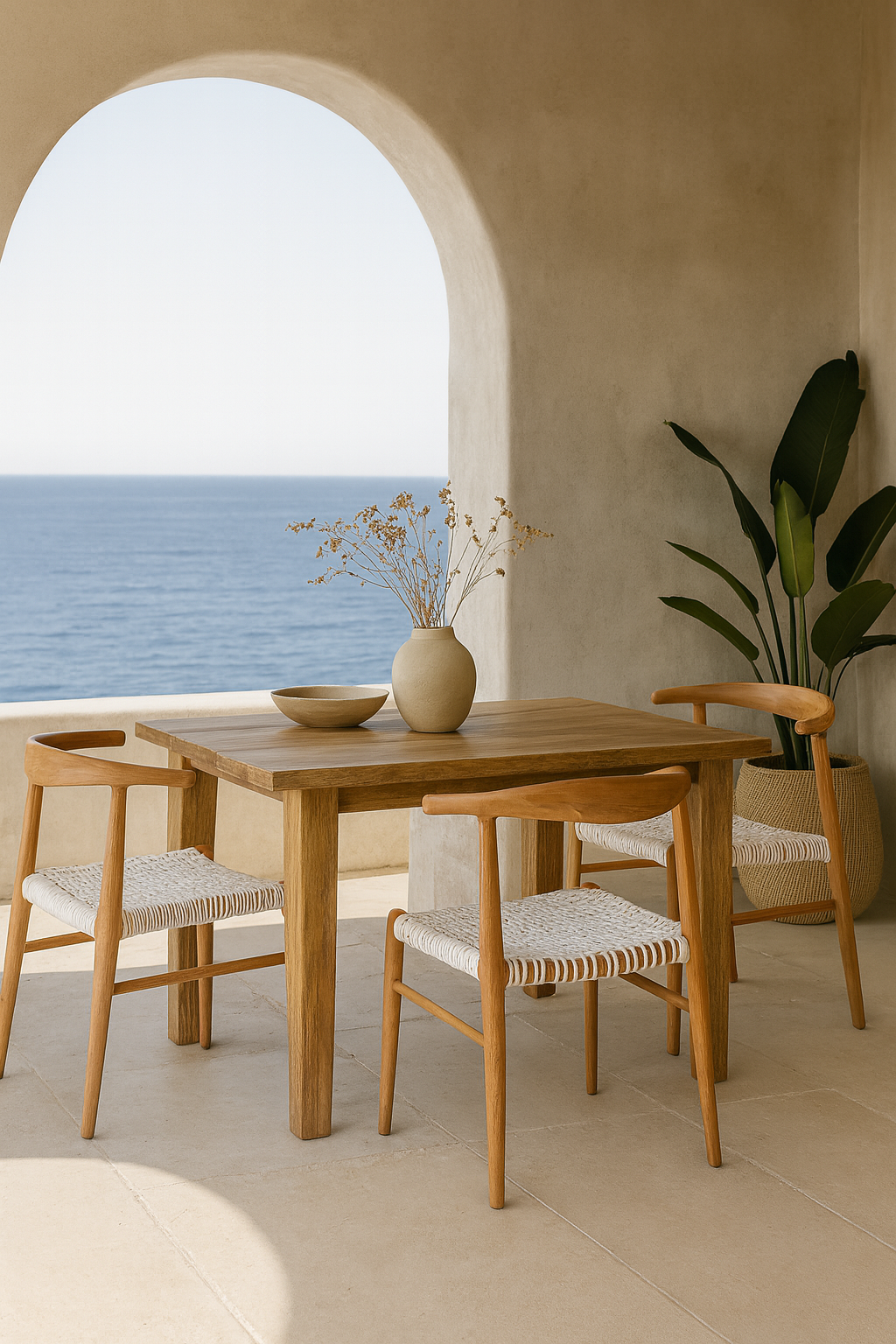 Dining area with wooden table and chairs by a large archway overlooking the ocean.
