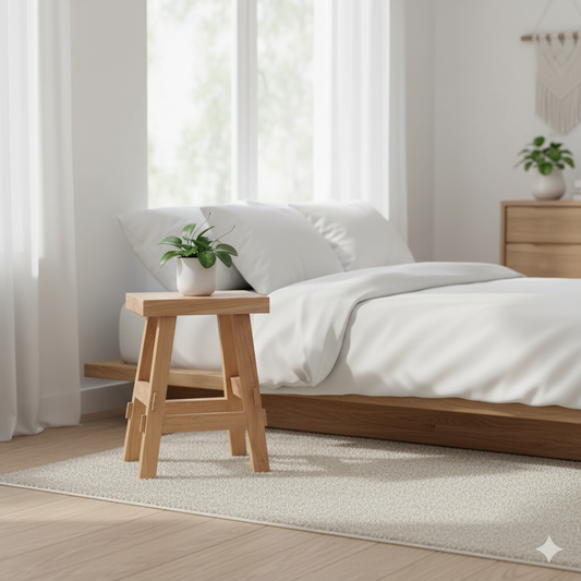 Wooden stool with a plant next to a bed in a bright bedroom