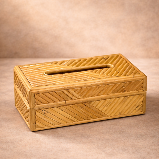 Woven wooden tissue box on a beige background