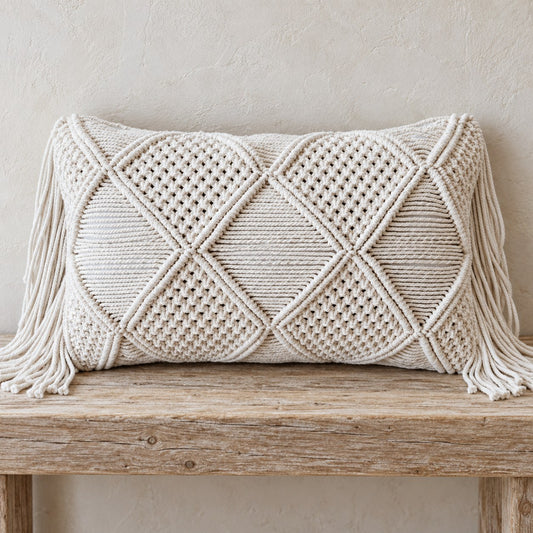 Paloma Handmade Cotton Macrame Lumbar Pillow Cover – Natural