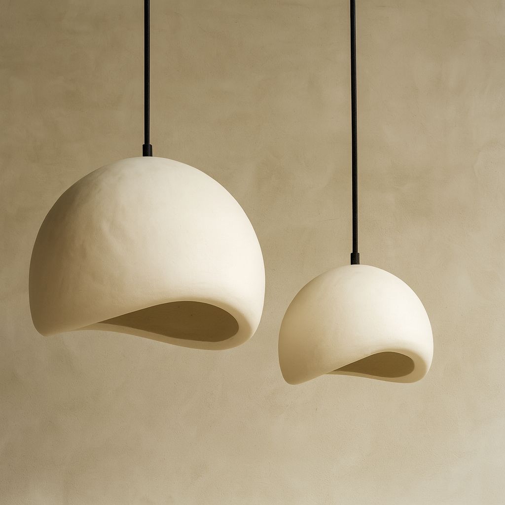 Two white pendant lights hanging against a beige wall.