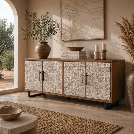Wooden sideboard with decorative items in a warm-toned room