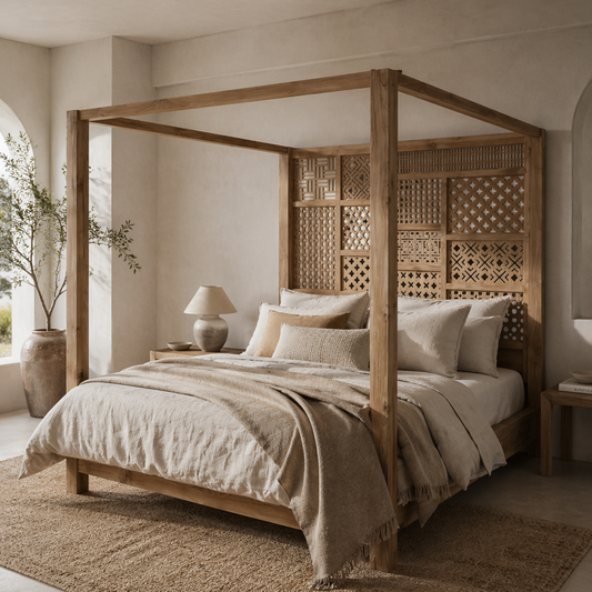 Bedroom with a wooden canopy bed, beige bedding, and decorative elements.