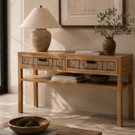 Wooden console table with decorative items in a living room setting