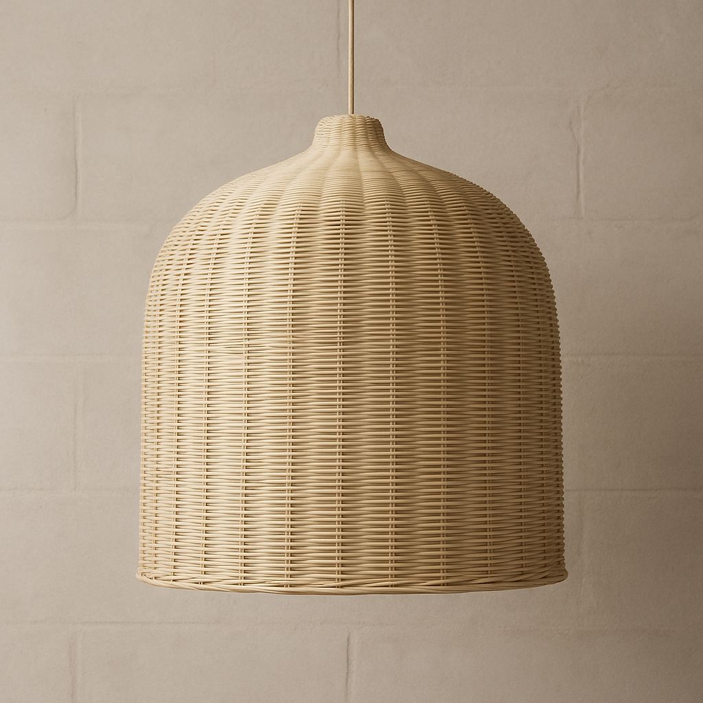 Woven pendant light hanging against a beige wall
