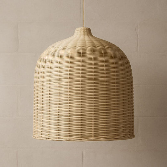 Woven pendant light hanging against a beige wall